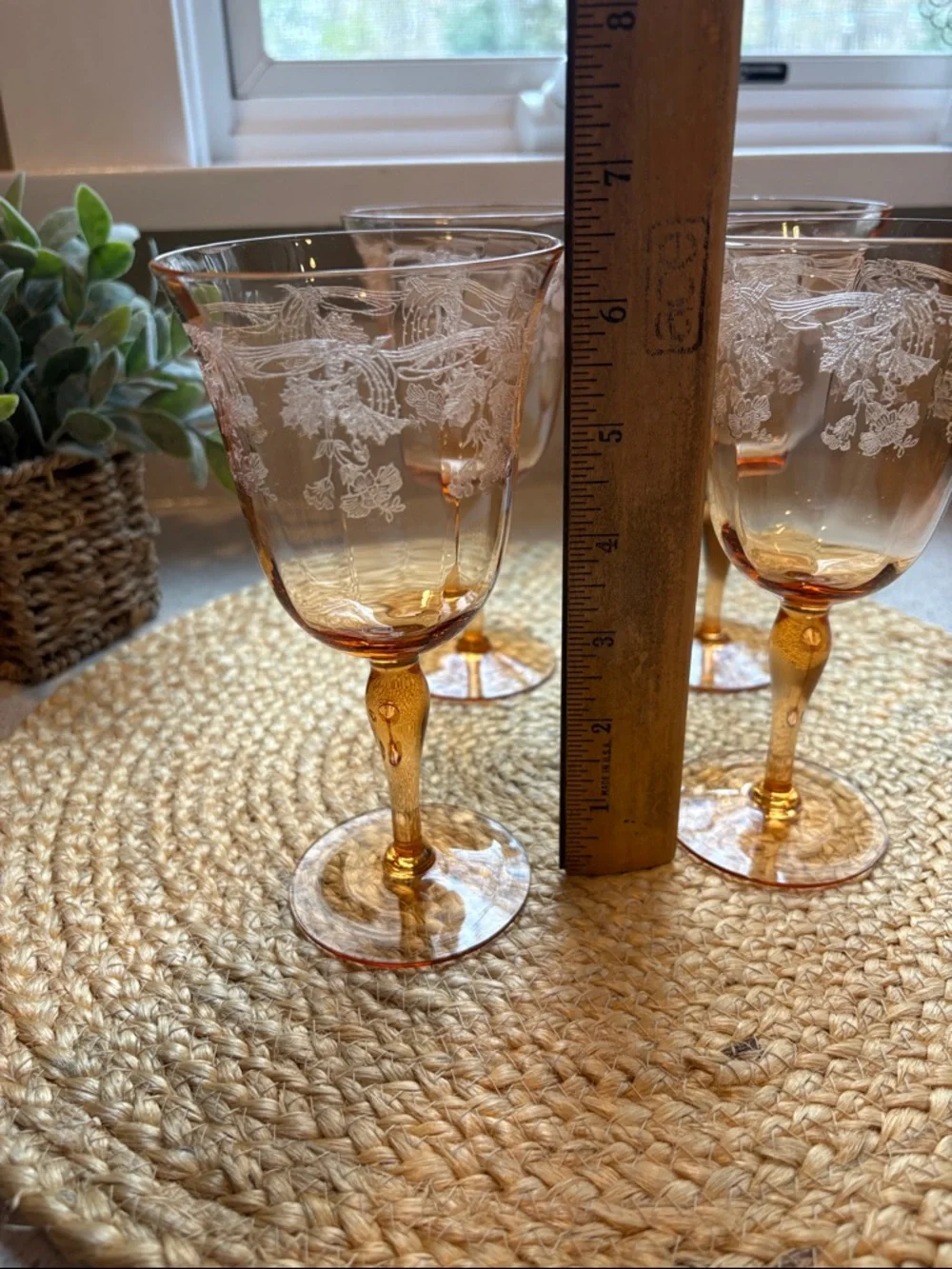 (4) Vintage Amber Etched Wine Glasses - Depression Era